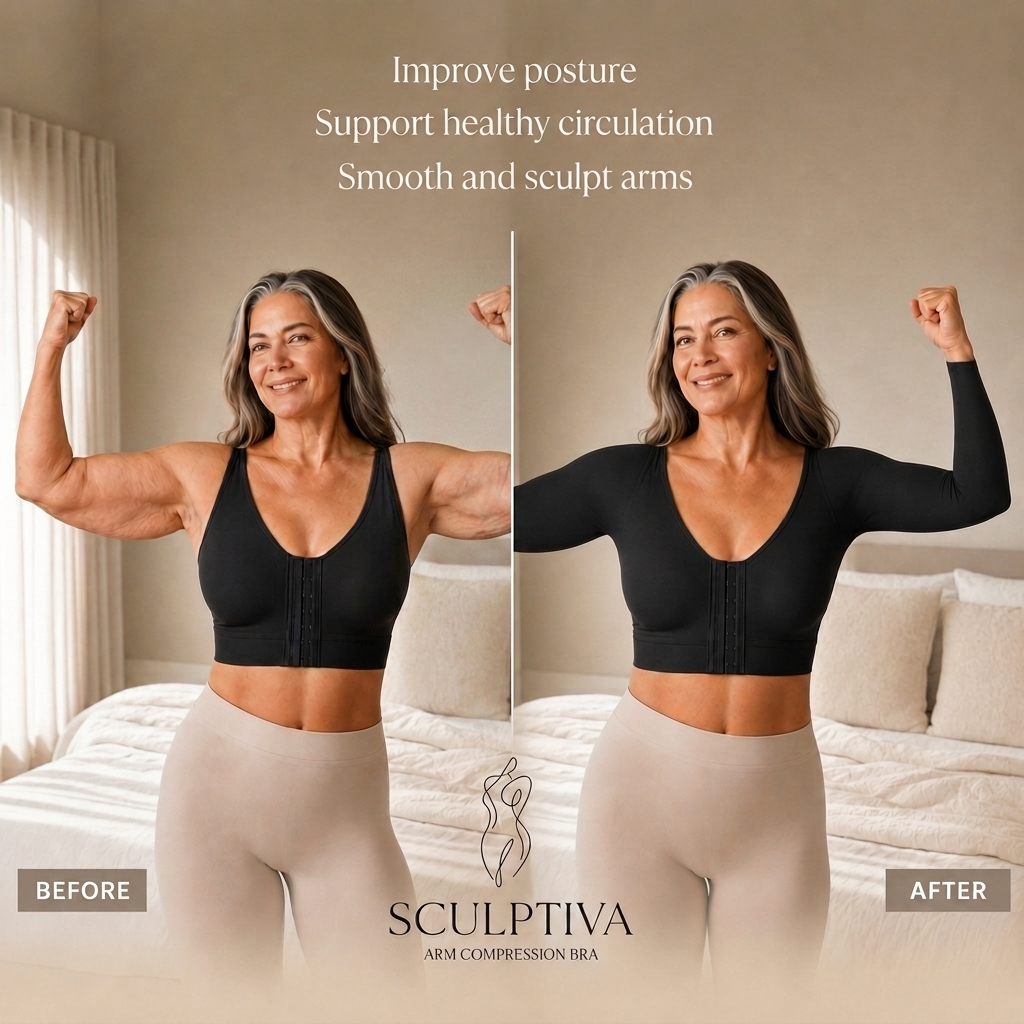 Noir Black - Before and after comparison of a woman wearing a black arm compression bra, with text highlighting benefits.