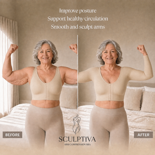 Before and after comparison of a woman wearing a beige arm compression bra, with text highlighting benefits. (Nude)